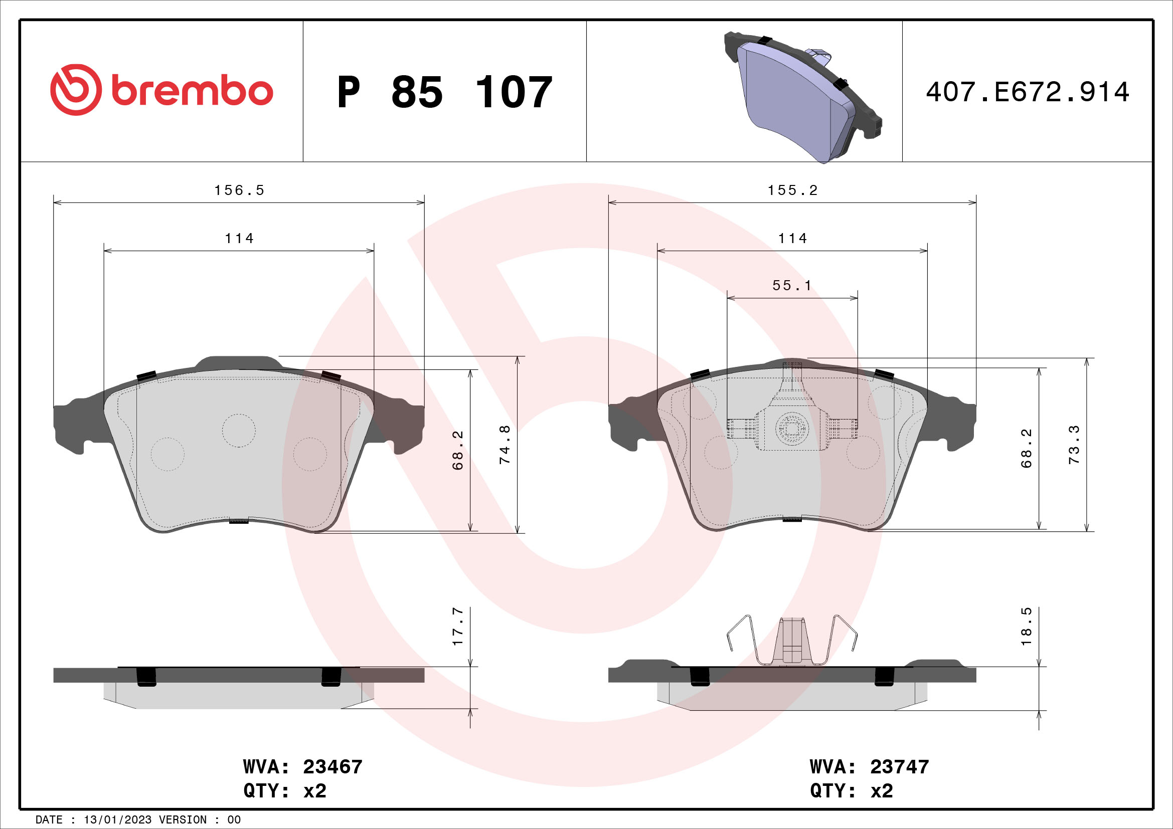 A.B.S. P 85 107 BREMBO Bremsbelagsatz, Scheibenbremse